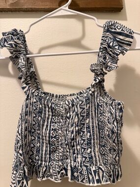 Salty Lemon Smocked Crop Top Ruffle Strap Boho Blue White Medium